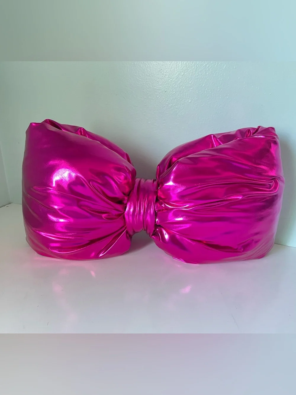 Decorative Hot Pink Bow Shaped Accent Pillow Metallic Faux Leather